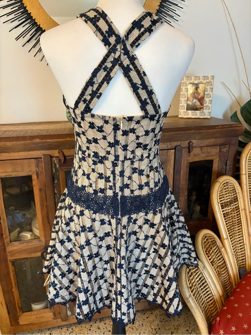 FOXIEDOX Anthropologie Cordelia Navy Blue Beige Lace Halter Dress! Gorgeous! S